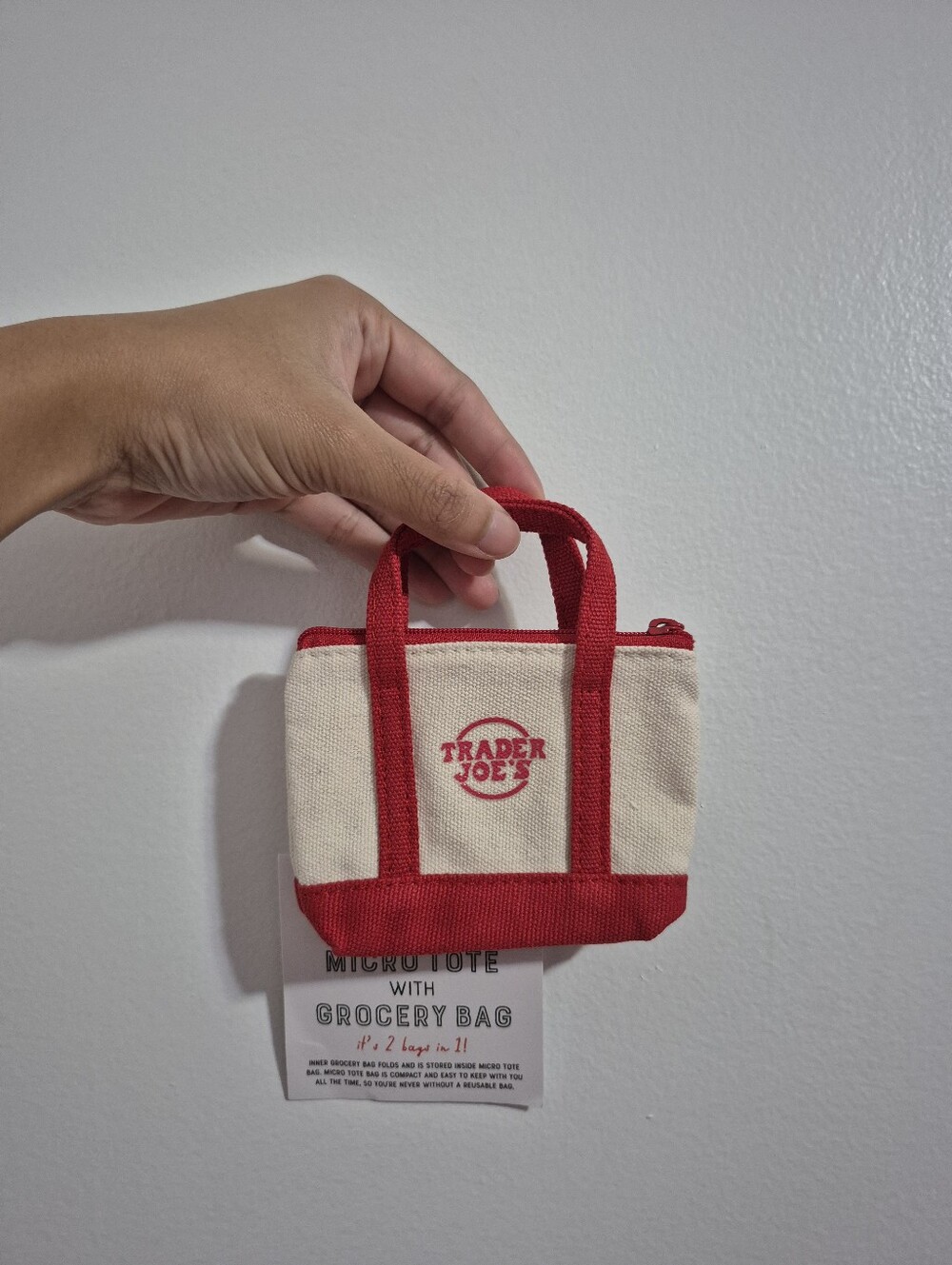 Mini Trader Joe's Red and Cream Zipper Closure Top Handle Tote Bag Charm